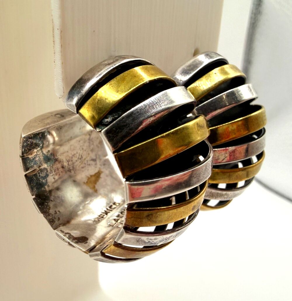LATON 925 Sterling Silver Brass Two Tone Modernist Vintage Hoop Earrings Mexico